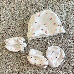 Strawberry Print Baby Hat, Socks and Mittens Set